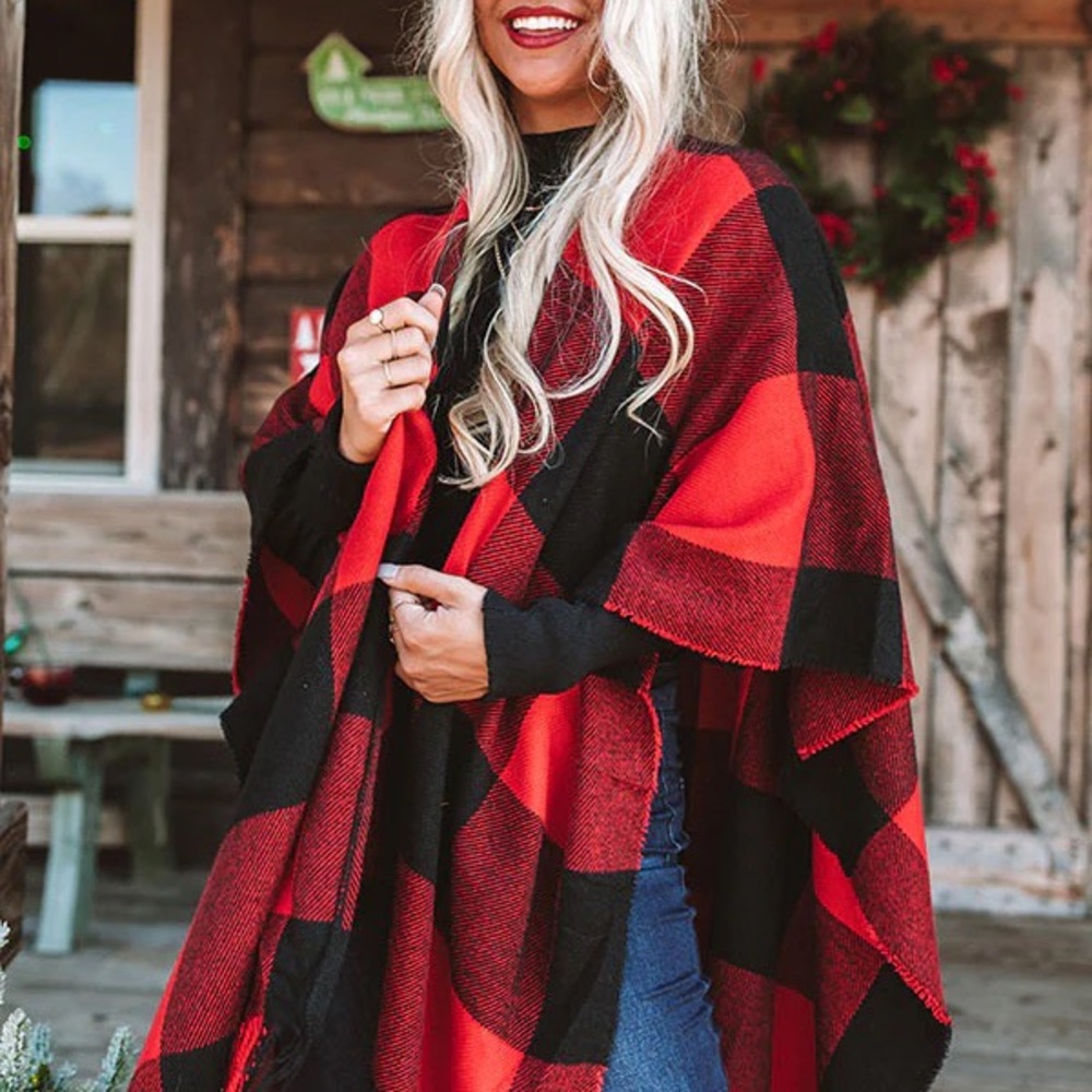 Red and Black Buffalo knit Plaid Women's Sweater fringe tassel